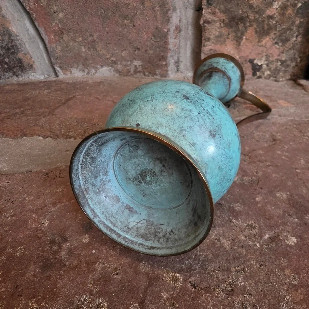 Vintage Brass Turquoise Verdigris Pitcher Bud Vase Decorative Handle 11
